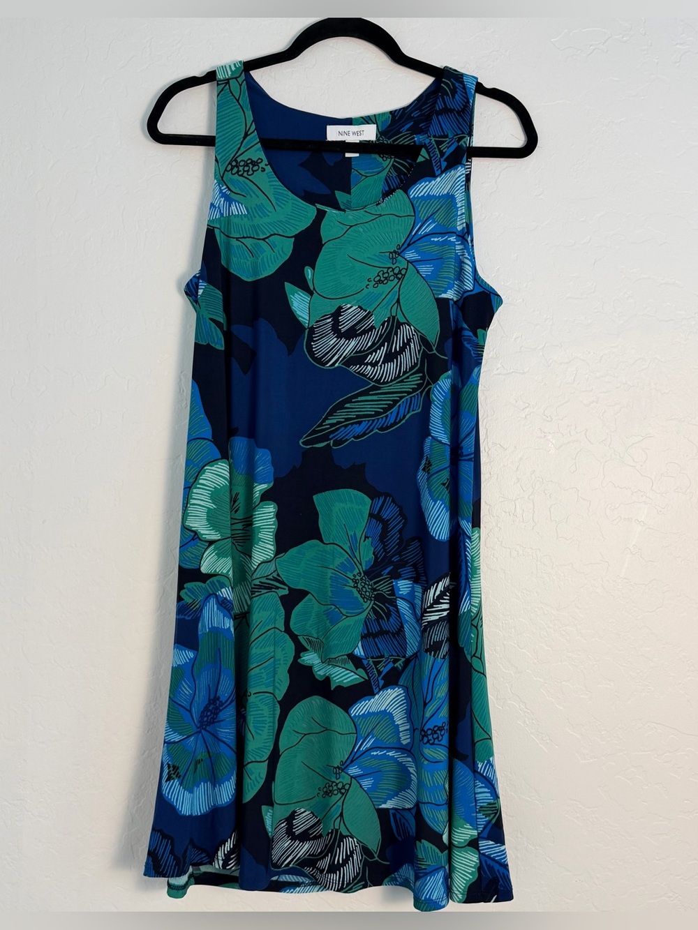 Nine West Womens Medium Shift Dress Teal/Blue Sleeveless Tropical inspired